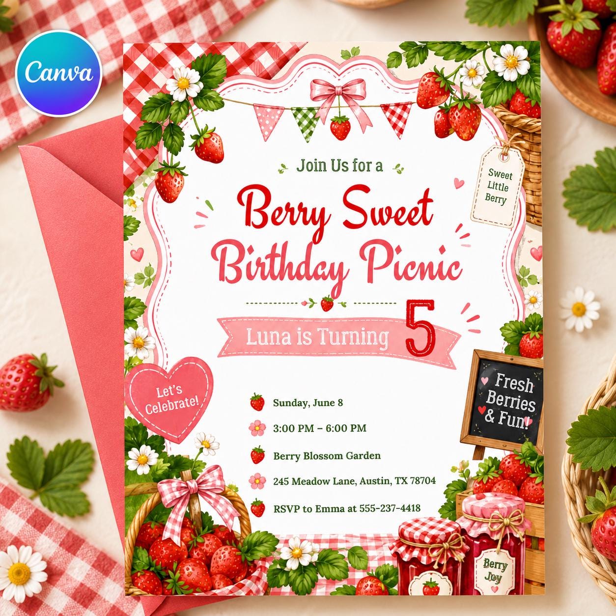 Berry First Birthday Invitation, Strawberry Birthday Invitation, Strawberry Party Invite, 1st Birthday Girl, Berry Sweet First Birthday Pink __etsy:8107265825