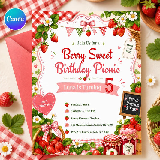 Berry First Birthday Invitation, Strawberry Birthday Invitation, Strawberry Party Invite, 1st Birthday Girl, Berry Sweet First Birthday Pink __etsy:8107265825