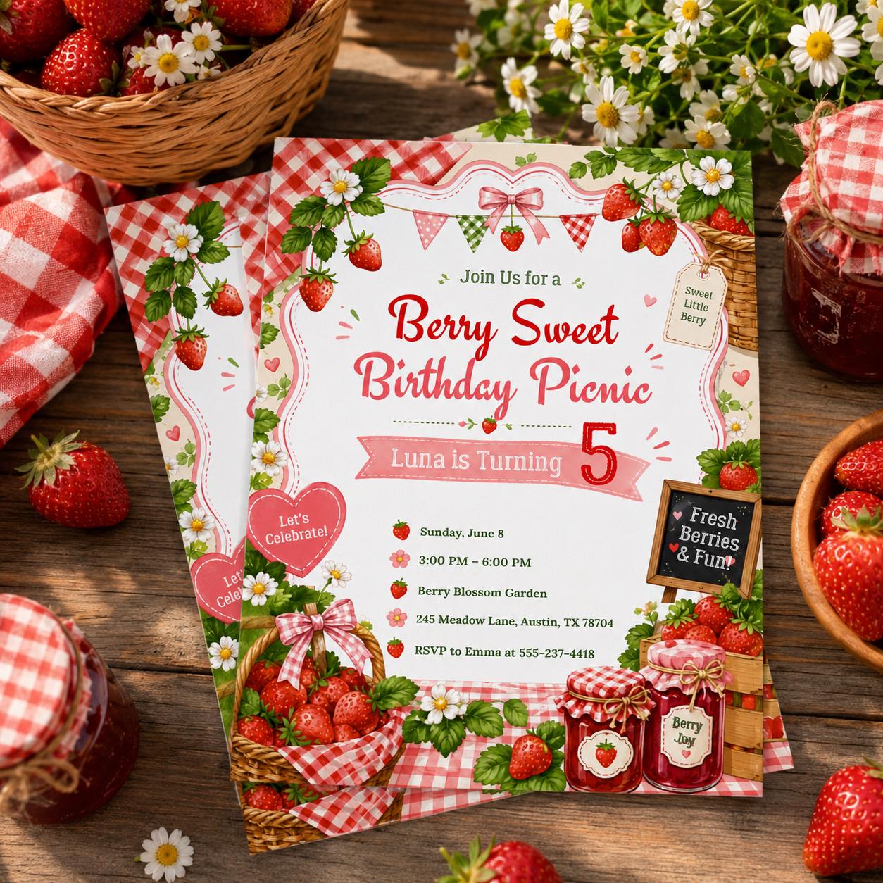 Berry First Birthday Invitation, Strawberry Birthday Invitation, Strawberry Party Invite, 1st Birthday Girl, Berry Sweet First Birthday Pink __etsy:8107265755