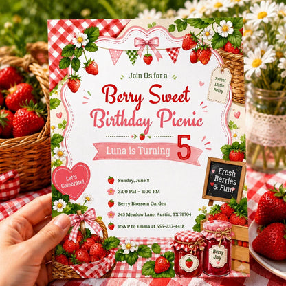 Berry First Birthday Invitation, Strawberry Birthday Invitation, Strawberry Party Invite, 1st Birthday Girl, Berry Sweet First Birthday Pink __etsy:8059352844