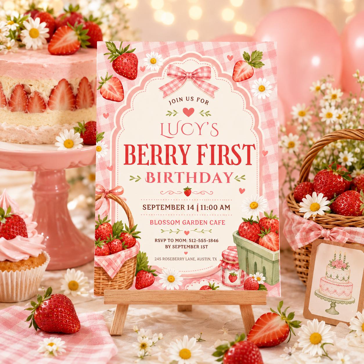 Berry First Birthday Invitation, Strawberry Birthday Invitation, Strawberry Party Invite, 1st Birthday Girl, Berry Sweet First Birthday Pink __etsy:8051667955