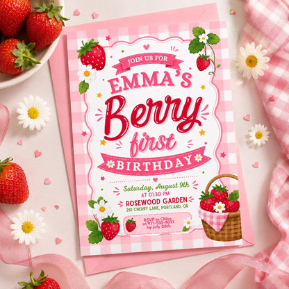 Berry First Birthday Invitation, Strawberry Birthday Invitation, Strawberry Party Invite, 1st Birthday Girl, Berry Sweet First Birthday Pink __etsy:8018833280