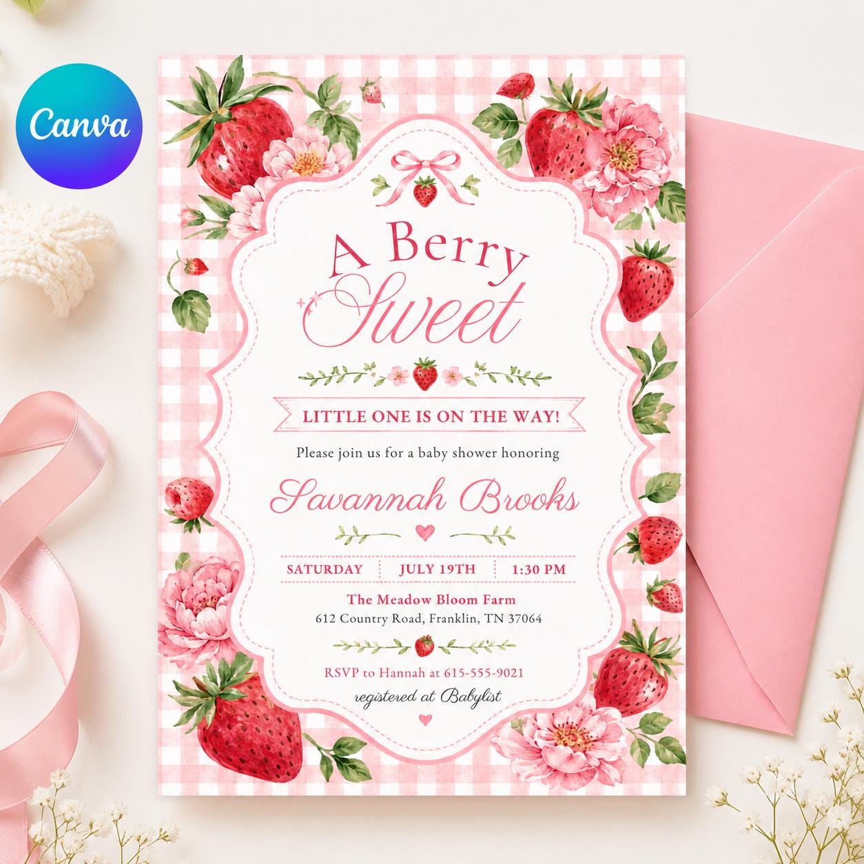 Berry Sweet Baby Shower Invitation, Berry Sweet Baby Shower Blush Berry, Berry Sweet Invitation, Editable Canva template __etsy:8095061837
