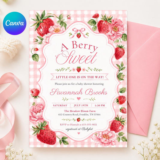 Berry Sweet Baby Shower Invitation, Berry Sweet Baby Shower Blush Berry, Berry Sweet Invitation, Editable Canva template __etsy:8095061837
