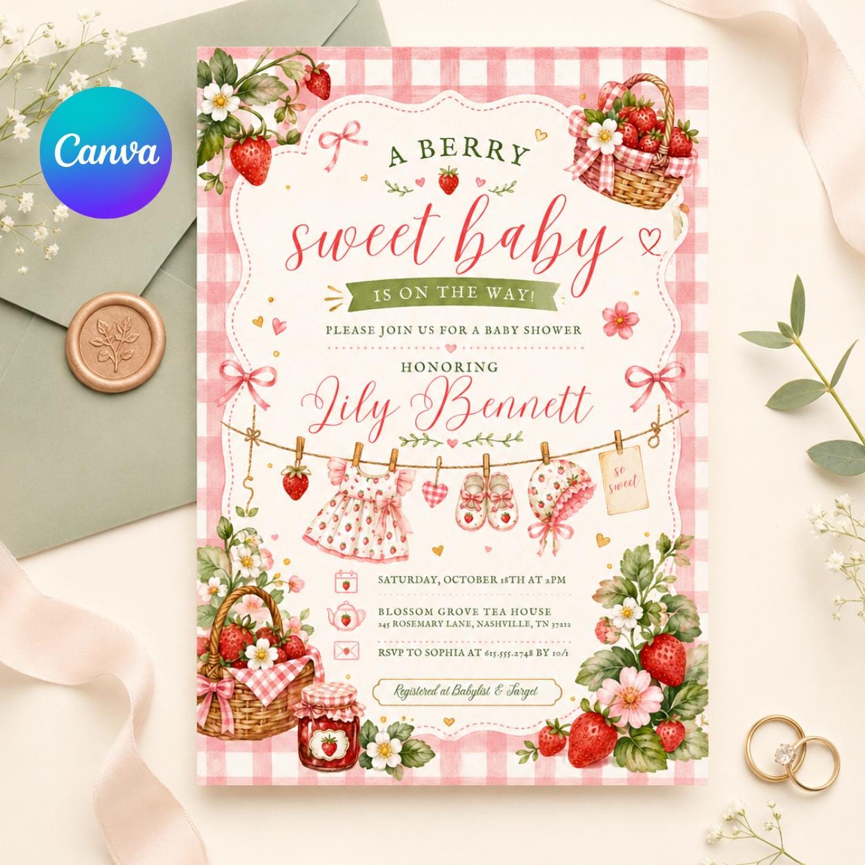 Berry Sweet Baby Shower Invitation, Strawberry Baby Shower Invite, Printed or Instant Editable Template, Strawberry Baby Shower Invitation __etsy:8003754786