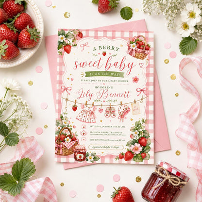 Berry Sweet Baby Shower Invitation, Strawberry Baby Shower Invite, Printed or Instant Editable Template, Strawberry Baby Shower Invitation __etsy:8003750458