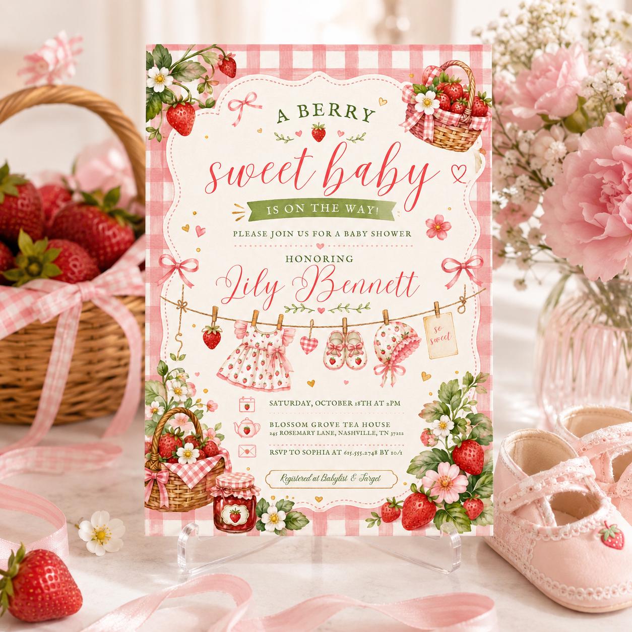Berry Sweet Baby Shower Invitation, Strawberry Baby Shower Invite, Printed or Instant Editable Template, Strawberry Baby Shower Invitation __etsy:8051672173
