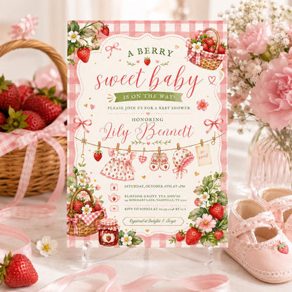 Berry Sweet Baby Shower Invitation, Strawberry Baby Shower Invite, Printed or Instant Editable Template, Strawberry Baby Shower Invitation __etsy:8051672173