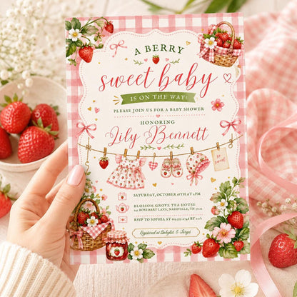 Berry Sweet Baby Shower Invitation, Strawberry Baby Shower Invite, Printed or Instant Editable Template, Strawberry Baby Shower Invitation __etsy:8051672171
