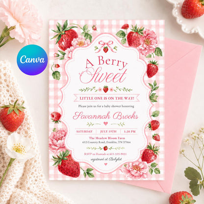 Berry Sweet Birthday Party Strawberry Birthday Invite Editable, Strawberry Girl Birthday Party Invitation , Canva Template __etsy:8046023100