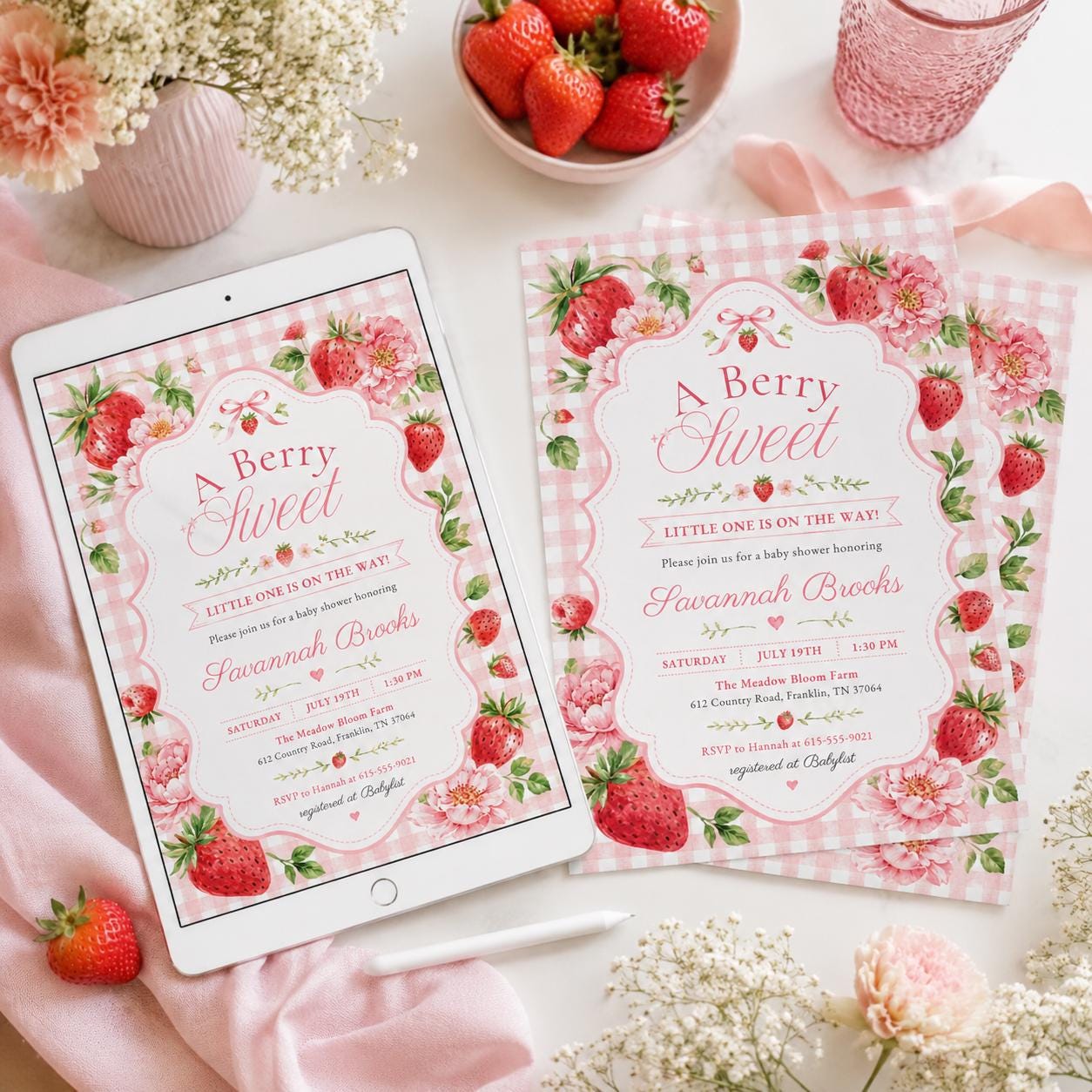 Berry Sweet Birthday Party Strawberry Birthday Invite Editable, Strawberry Girl Birthday Party Invitation , Canva Template __etsy:8093934487