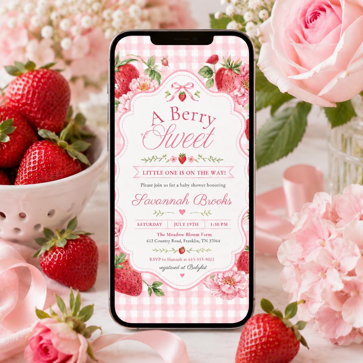 Berry Sweet Birthday Party Strawberry Birthday Invite Editable, Strawberry Girl Birthday Party Invitation , Canva Template __etsy:8046023090
