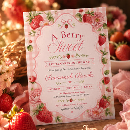 Berry Sweet Birthday Party Strawberry Birthday Invite Editable, Strawberry Girl Birthday Party Invitation , Canva Template __etsy:8093934483