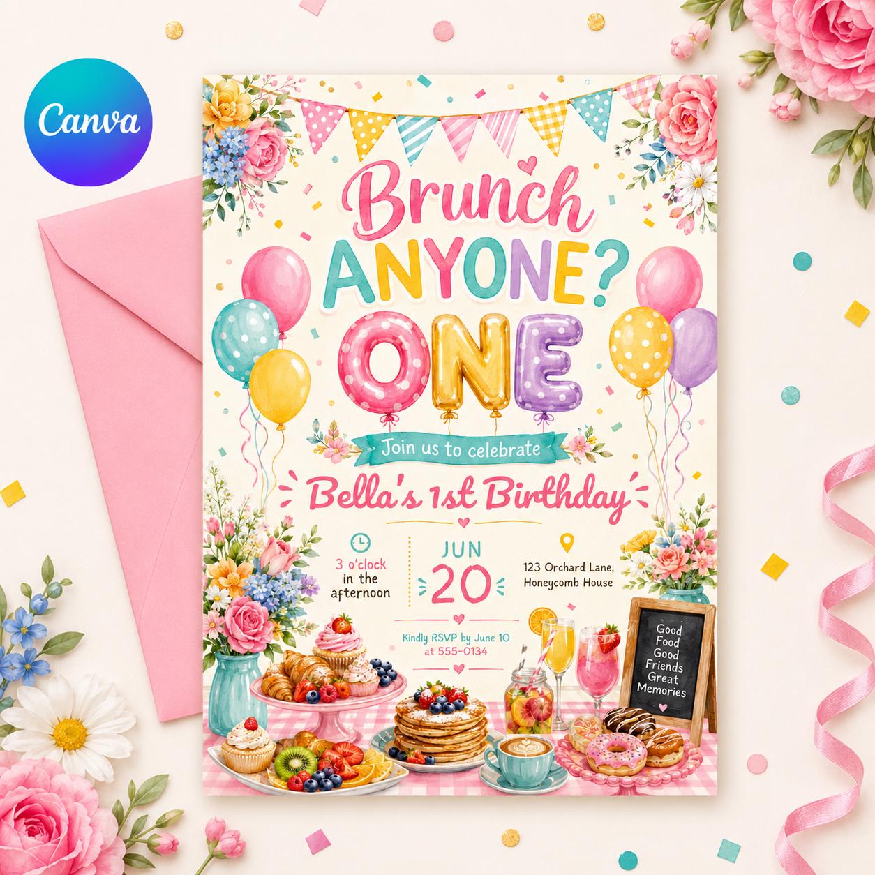 Birthday Brunch Invitation , Brunch Flyer Birthday Invitation, Champagne Party Evite, Pancake Flyer, Brunch Party Invitation, Canva Template __etsy:8067948216