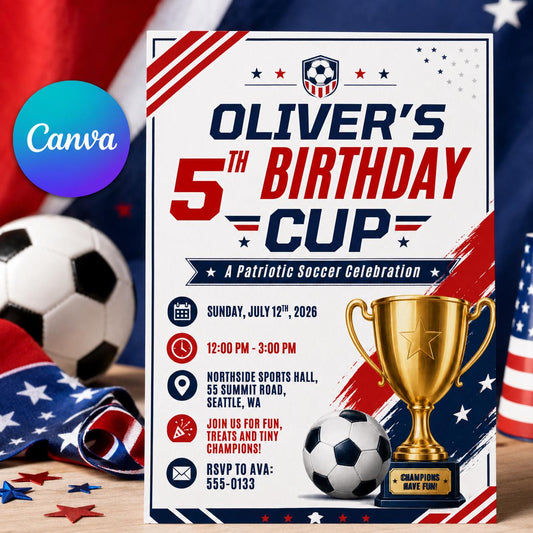Birthday Cup Invitation, Editable Patriotic Soccer Party Invite, Boy 5th Birthday Trophy Champion Template, Printable Digital Download __etsy:8179606055