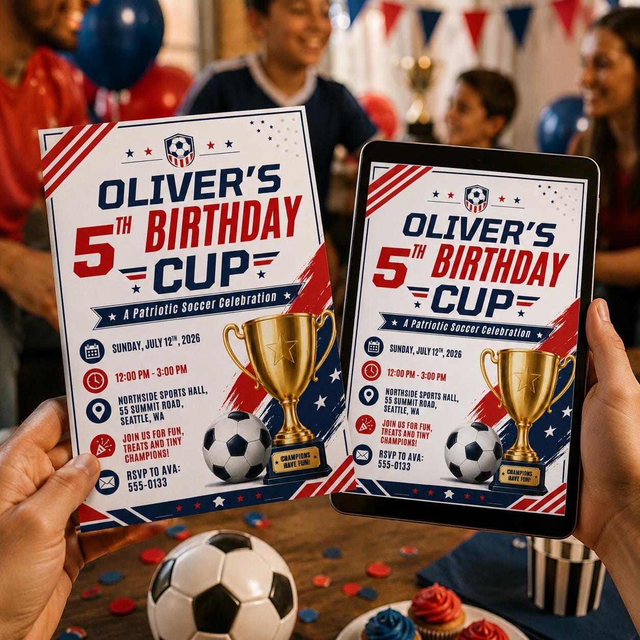 Birthday Cup Invitation, Editable Patriotic Soccer Party Invite, Boy 5th Birthday Trophy Champion Template, Printable Digital Download __etsy:8131706432