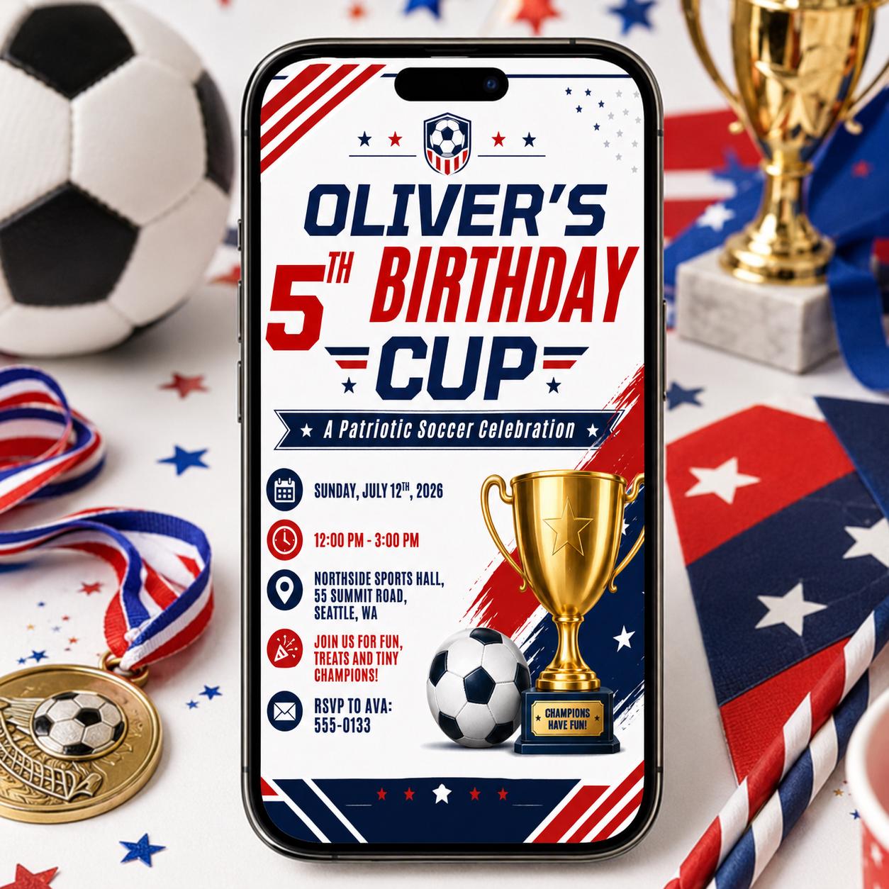 Birthday Cup Invitation, Editable Patriotic Soccer Party Invite, Boy 5th Birthday Trophy Champion Template, Printable Digital Download __etsy:8131706446