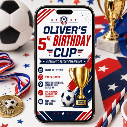 Birthday Cup Invitation, Editable Patriotic Soccer Party Invite, Boy 5th Birthday Trophy Champion Template, Printable Digital Download __etsy:8131706446