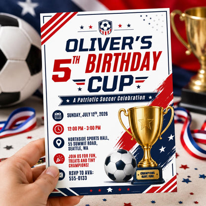 Birthday Cup Invitation, Editable Patriotic Soccer Party Invite, Boy 5th Birthday Trophy Champion Template, Printable Digital Download __etsy:8179606061