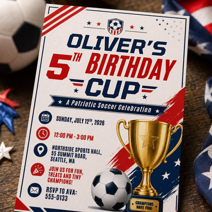 Birthday Cup Invitation, Editable Patriotic Soccer Party Invite, Boy 5th Birthday Trophy Champion Template, Printable Digital Download __etsy:8179606069