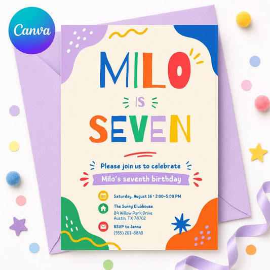 7 Birthday Invitation, I was 7 Neon Birthday Party Invite, Boys 7th Birthday , Canva Template __etsy:8049572664