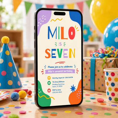 7 Birthday Invitation, I was 7 Neon Birthday Party Invite, Boys 7th Birthday , Canva Template __etsy:8097486287