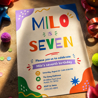 7 Birthday Invitation, I was 7 Neon Birthday Party Invite, Boys 7th Birthday , Canva Template __etsy:8097486321