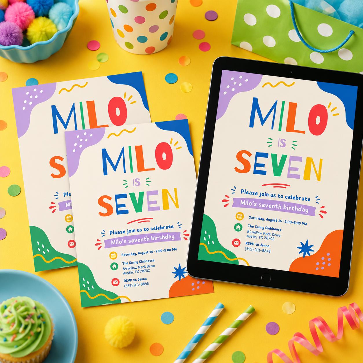 7 Birthday Invitation, I was 7 Neon Birthday Party Invite, Boys 7th Birthday , Canva Template __etsy:8097486309