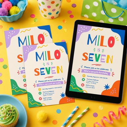 7 Birthday Invitation, I was 7 Neon Birthday Party Invite, Boys 7th Birthday , Canva Template __etsy:8097486309