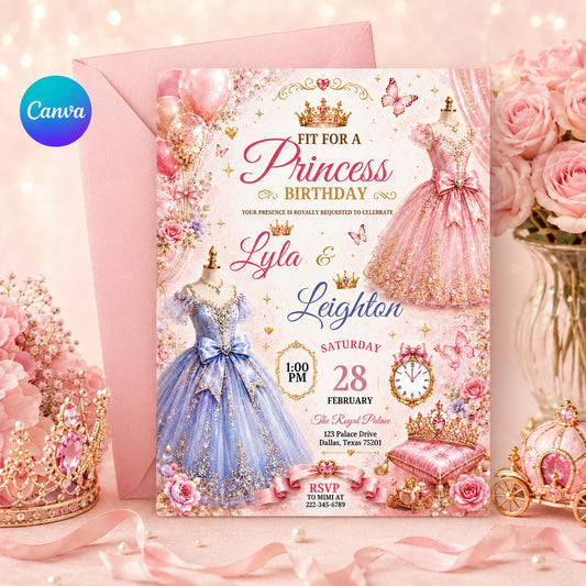 Birthday Princess Party Invite, Princess Birthday Invitation Girl, Her Royal Threeness Invite, Watercolor Royal Celebration, Canva Template __etsy:8080893088