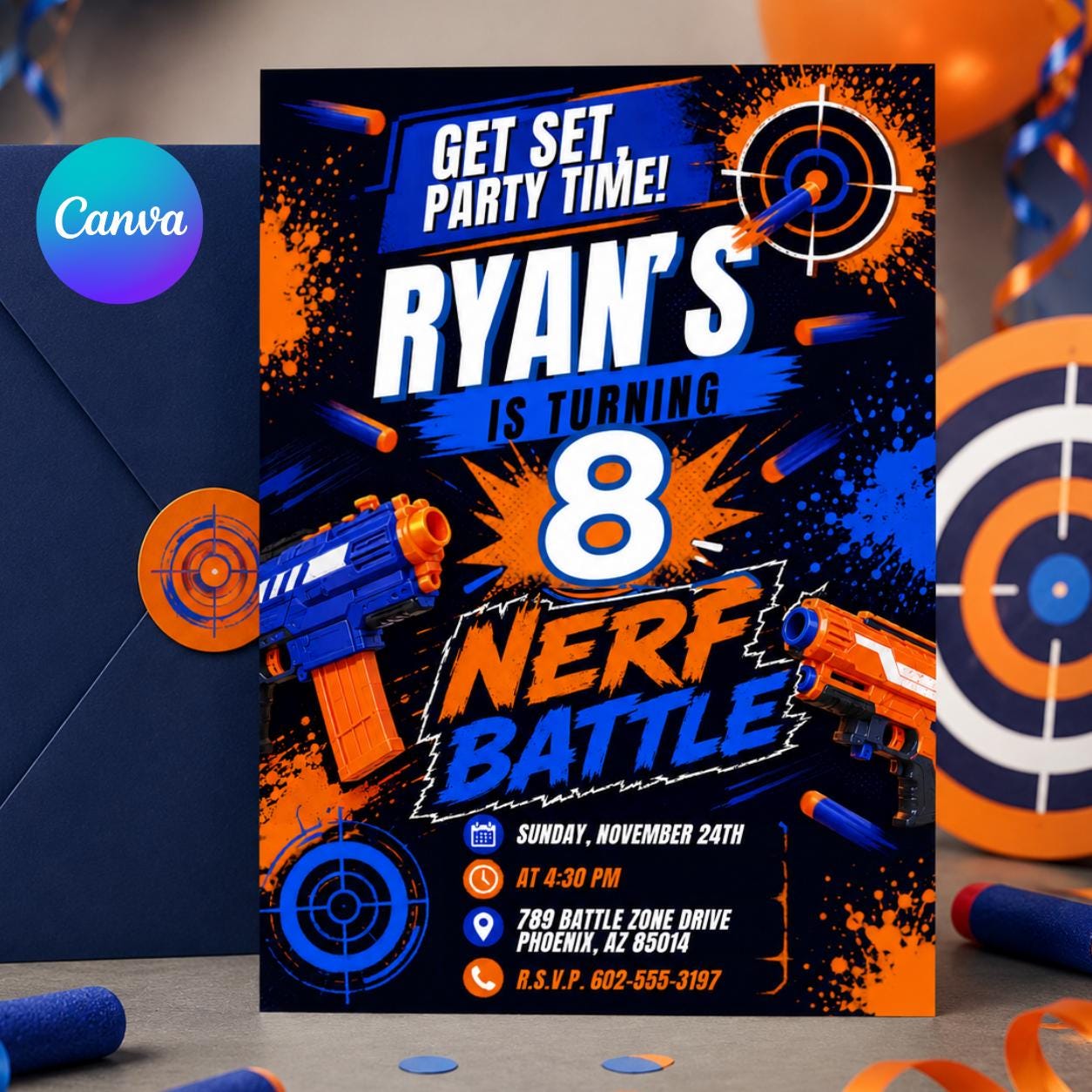 Blaster Birthday Invitation, Dart Battle Party Invite, Ready Aim Party Theme, Nerf Party Theme, Dart gun party, Editable Canva Template __etsy:8080750567