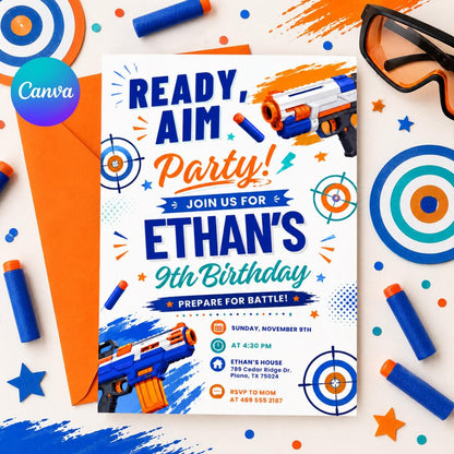 Blaster Birthday Invitation, Dart Battle Party Invite, Ready Aim Party Theme, Nerf Party Theme, Editable Canva Template __etsy:8002187952