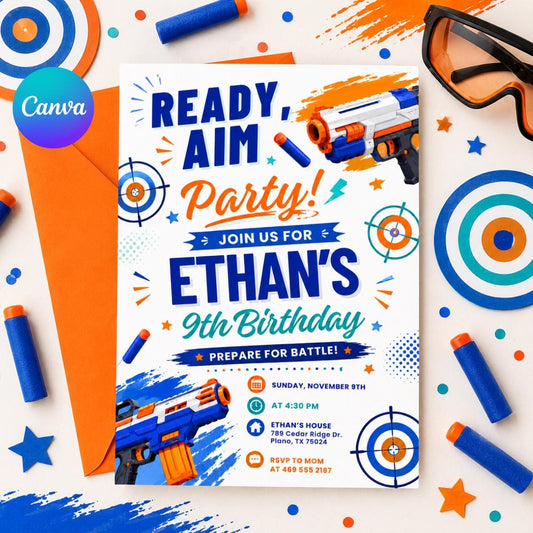 Blaster Birthday Invitation, Dart Battle Party Invite, Ready Aim Party Theme, Nerf Party Theme, Editable Canva Template __etsy:8002187952