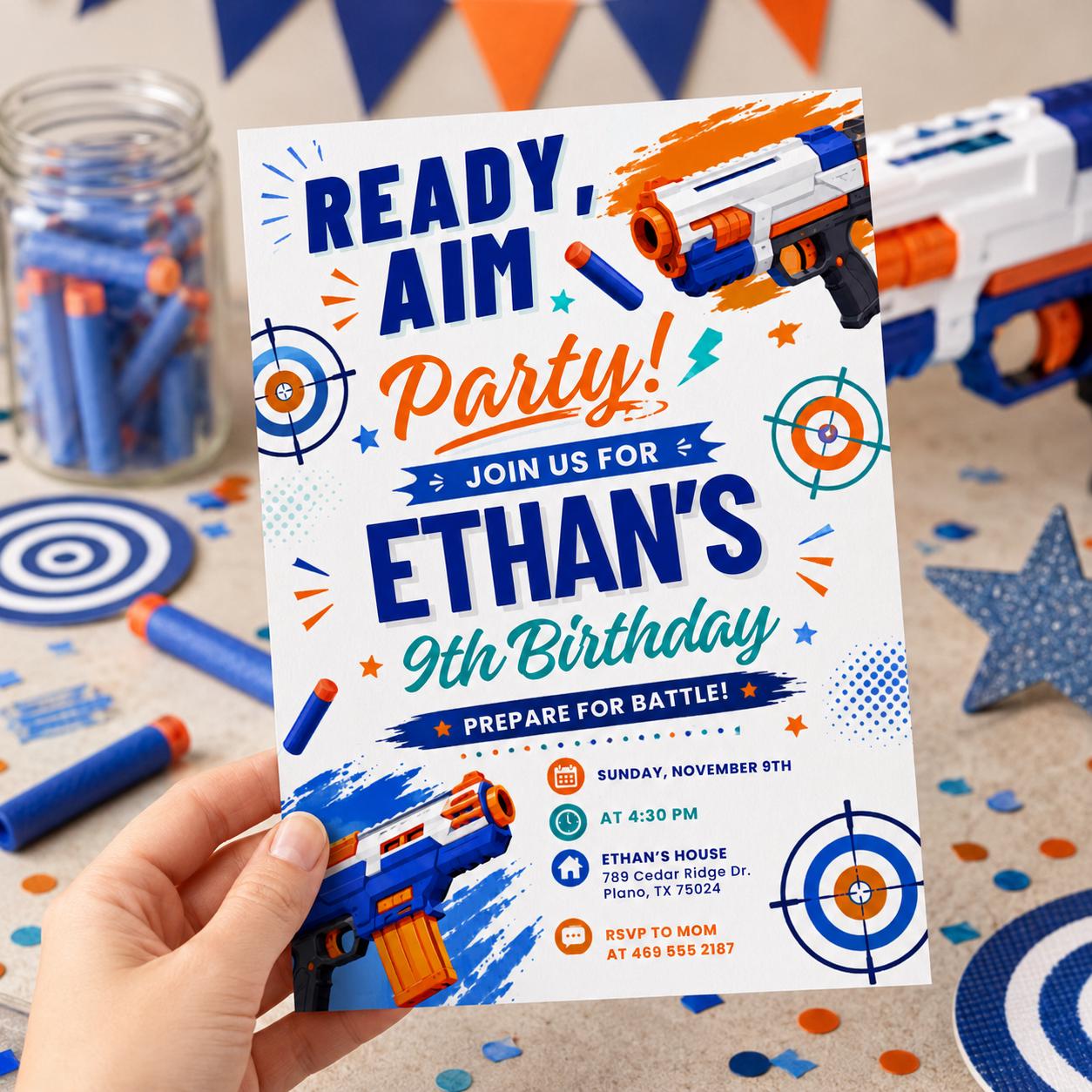Blaster Birthday Invitation, Dart Battle Party Invite, Ready Aim Party Theme, Nerf Party Theme, Editable Canva Template __etsy:8002182900
