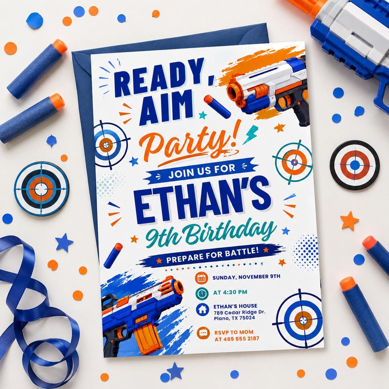 Blaster Birthday Invitation, Dart Battle Party Invite, Ready Aim Party Theme, Nerf Party Theme, Editable Canva Template __etsy:8050110247