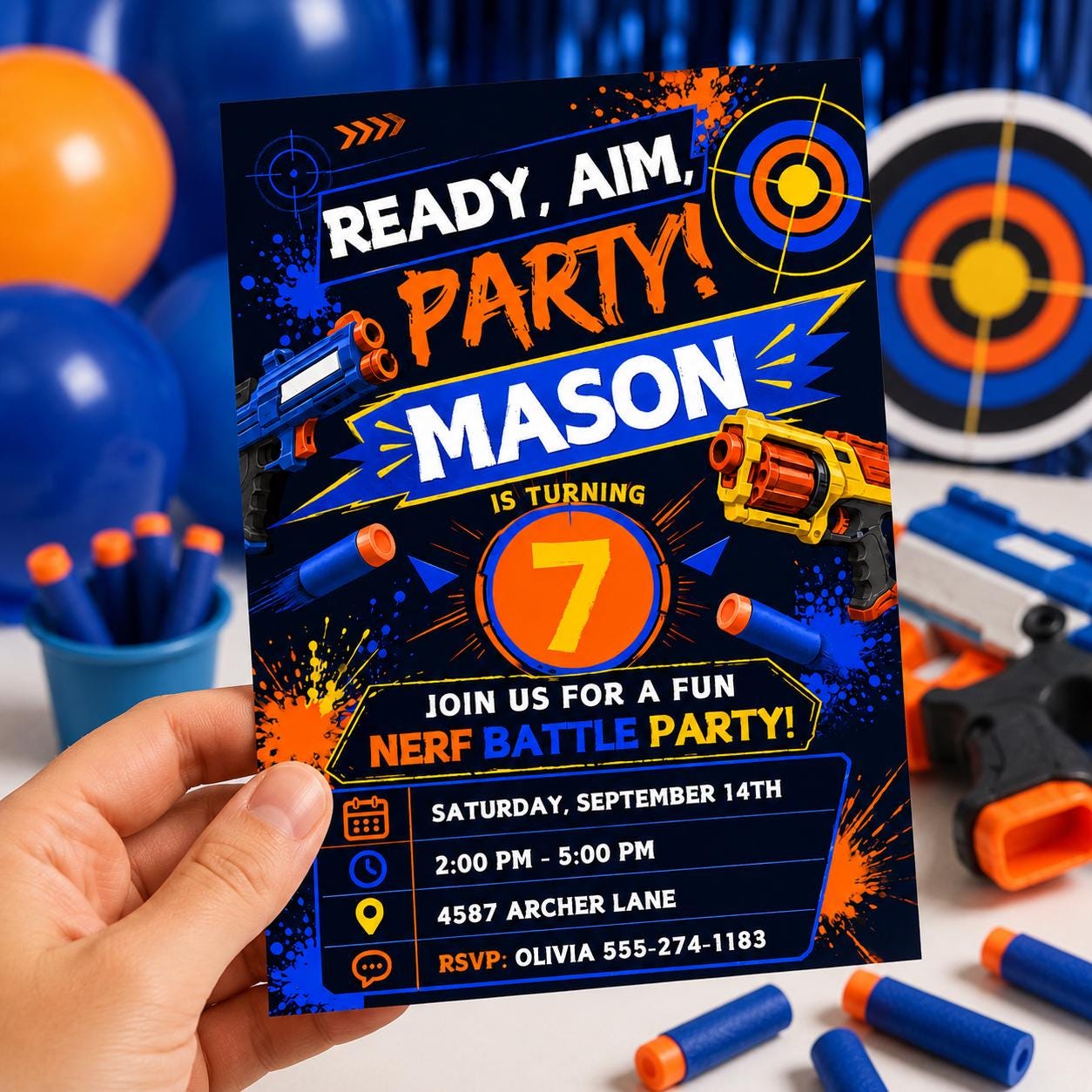 Blaster Birthday Invitation, Dart Battle Party Invite, Ready Aim Party Theme, Nerf Party Theme, Editable Canva Template __etsy:8081177521