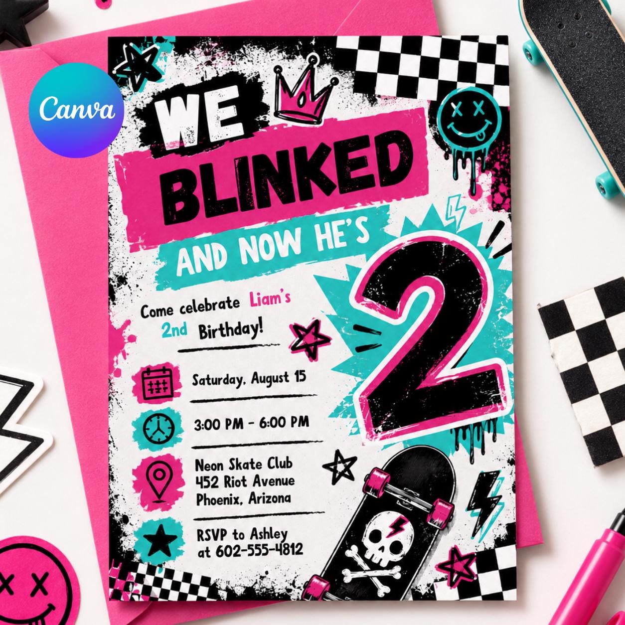 Blink And I'm Two Birthday Invitation Editable Canva Template 2nd Birthday Invite Pink Checkered Smiley Birthday Invite, Canva Template __etsy:8084434063