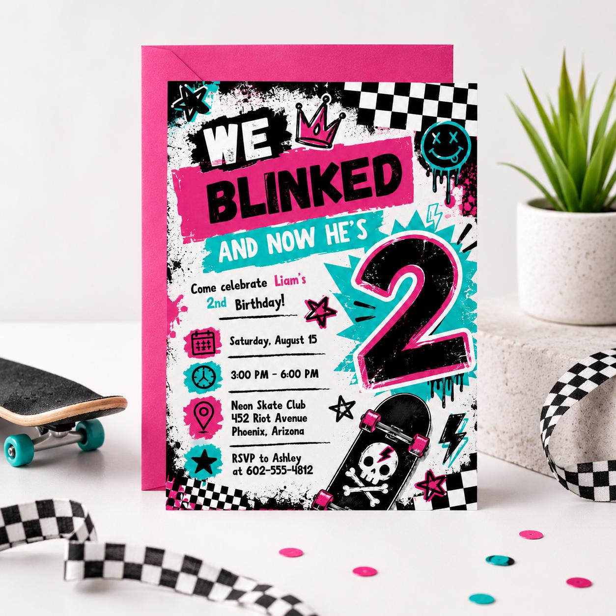 Blink And I'm Two Birthday Invitation Editable Canva Template 2nd Birthday Invite Pink Checkered Smiley Birthday Invite, Canva Template __etsy:8036516566