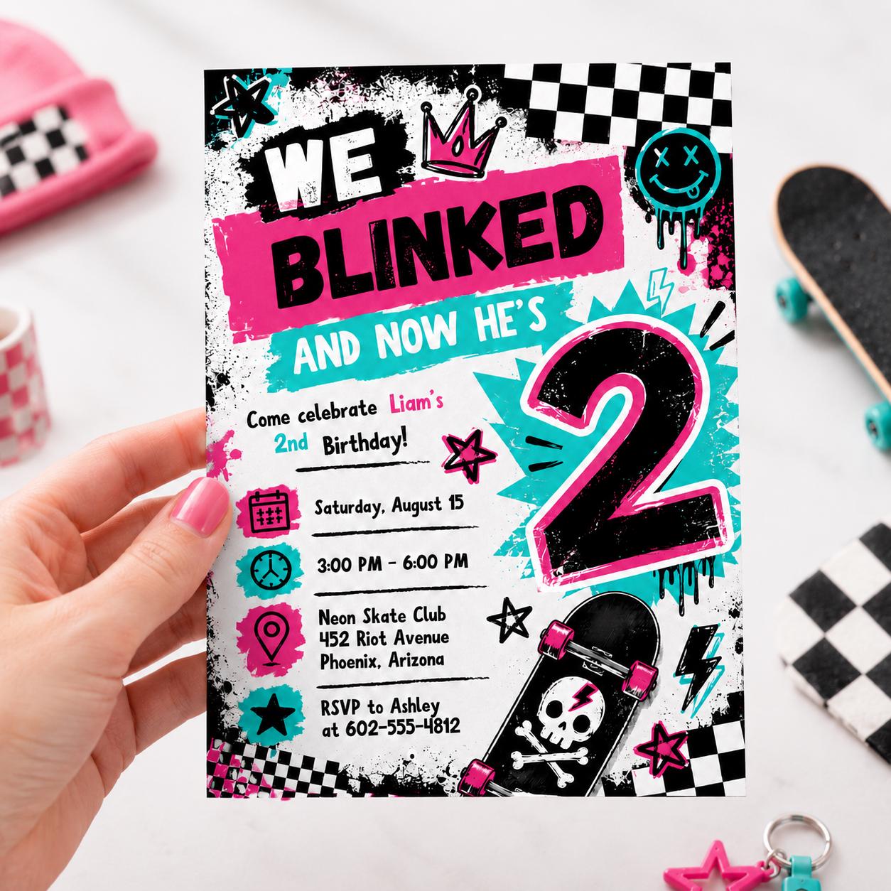 Blink And I'm Two Birthday Invitation Editable Canva Template 2nd Birthday Invite Pink Checkered Smiley Birthday Invite, Canva Template __etsy:8084431801