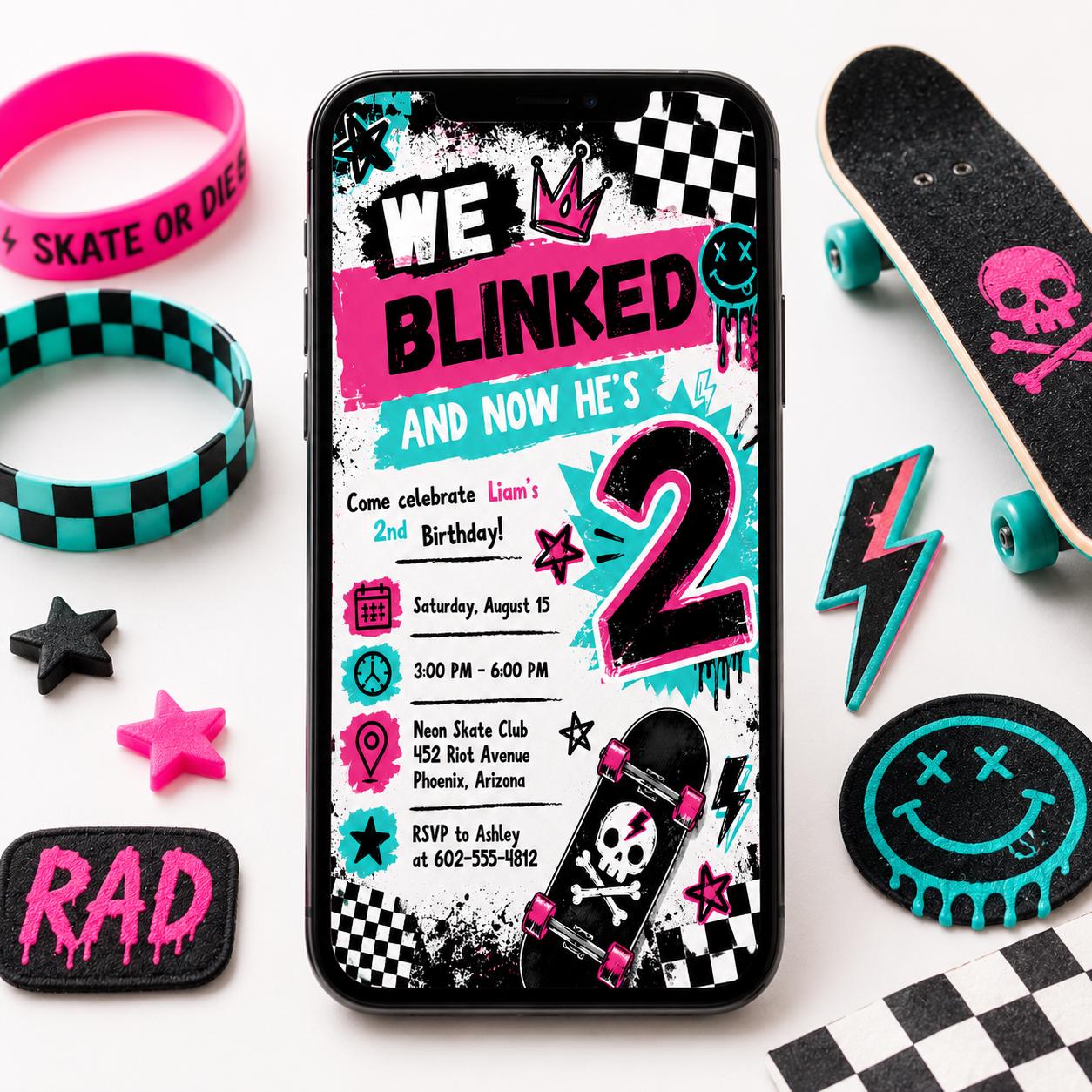 Blink And I'm Two Birthday Invitation Editable Canva Template 2nd Birthday Invite Pink Checkered Smiley Birthday Invite, Canva Template __etsy:8084431799