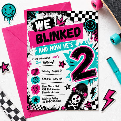 Blink And I'm Two Birthday Invitation Editable Canva Template 2nd Birthday Invite Pink Checkered Smiley Birthday Invite, Canva Template __etsy:8036516576