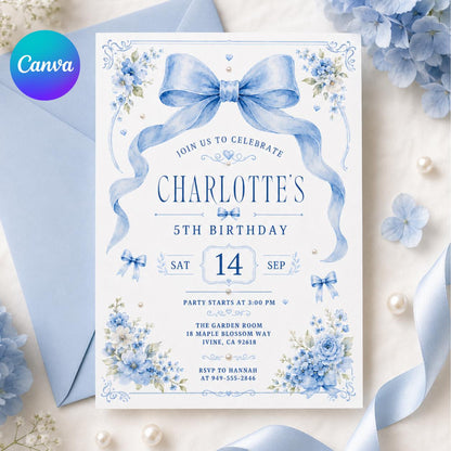 Blue Bow Birthday Invitation, Girls Coquette Party Invite, 14th Birthday Invitation Blue Bow for Girl, Editable Watercolor Coquette Invite __etsy:8082515225