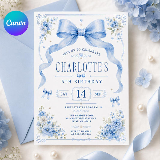 Blue Bow Birthday Invitation, Girls Coquette Party Invite, 14th Birthday Invitation Blue Bow for Girl, Editable Watercolor Coquette Invite __etsy:8082515225