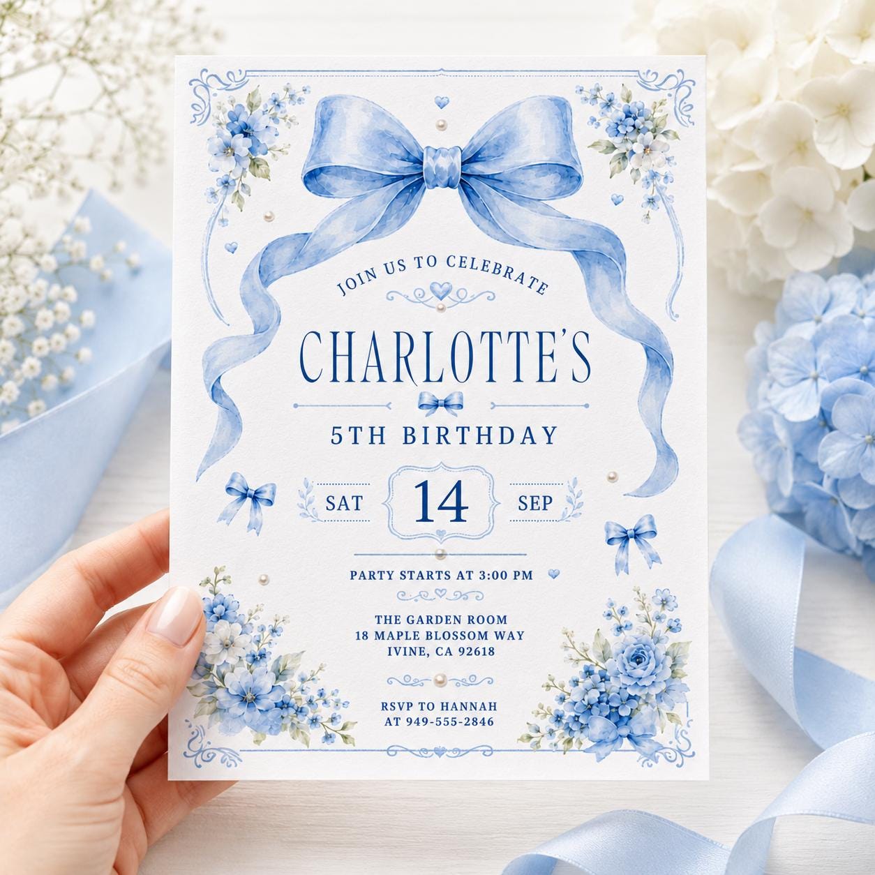 Blue Bow Birthday Invitation, Girls Coquette Party Invite, 14th Birthday Invitation Blue Bow for Girl, Editable Watercolor Coquette Invite __etsy:8034598728