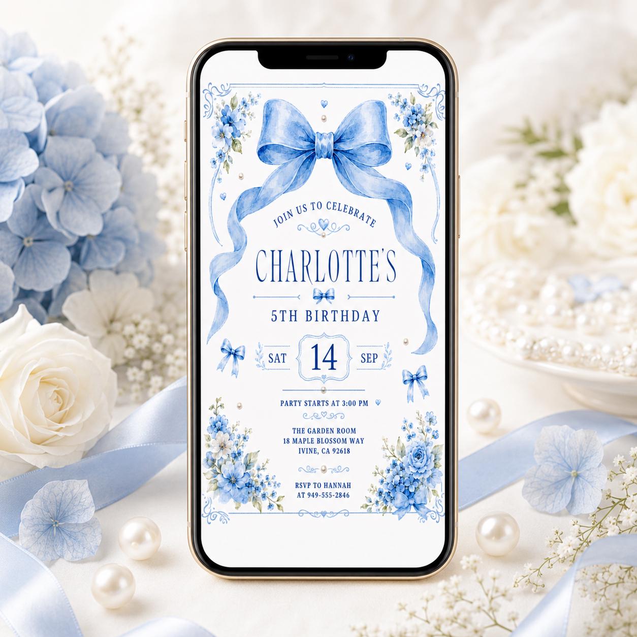 Blue Bow Birthday Invitation, Girls Coquette Party Invite, 14th Birthday Invitation Blue Bow for Girl, Editable Watercolor Coquette Invite __etsy:8034598758