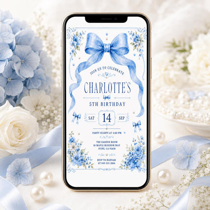 Blue Bow Birthday Invitation, Girls Coquette Party Invite, 14th Birthday Invitation Blue Bow for Girl, Editable Watercolor Coquette Invite __etsy:8034598758