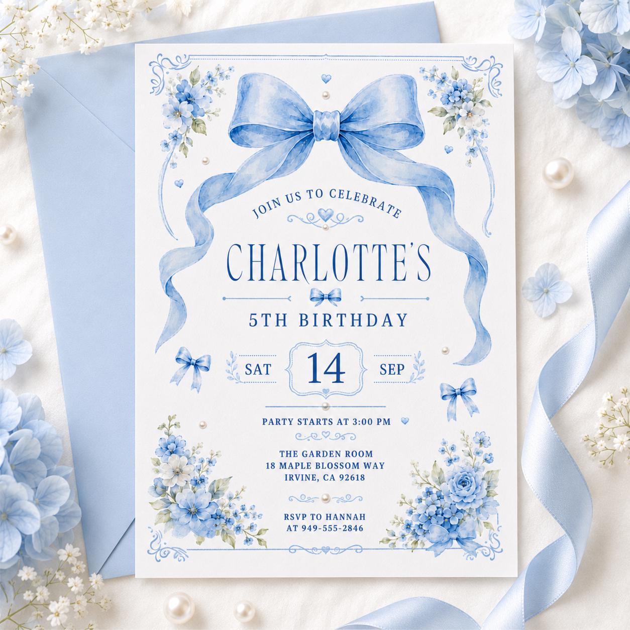 Blue Bow Birthday Invitation, Girls Coquette Party Invite, 14th Birthday Invitation Blue Bow for Girl, Editable Watercolor Coquette Invite __etsy:8082514657