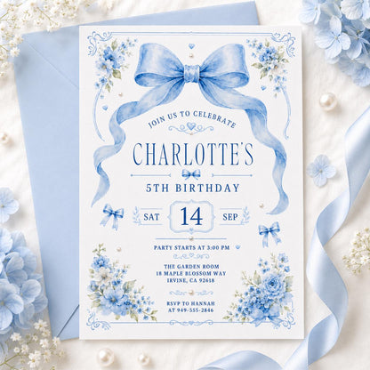Blue Bow Birthday Invitation, Girls Coquette Party Invite, 14th Birthday Invitation Blue Bow for Girl, Editable Watercolor Coquette Invite __etsy:8082514657
