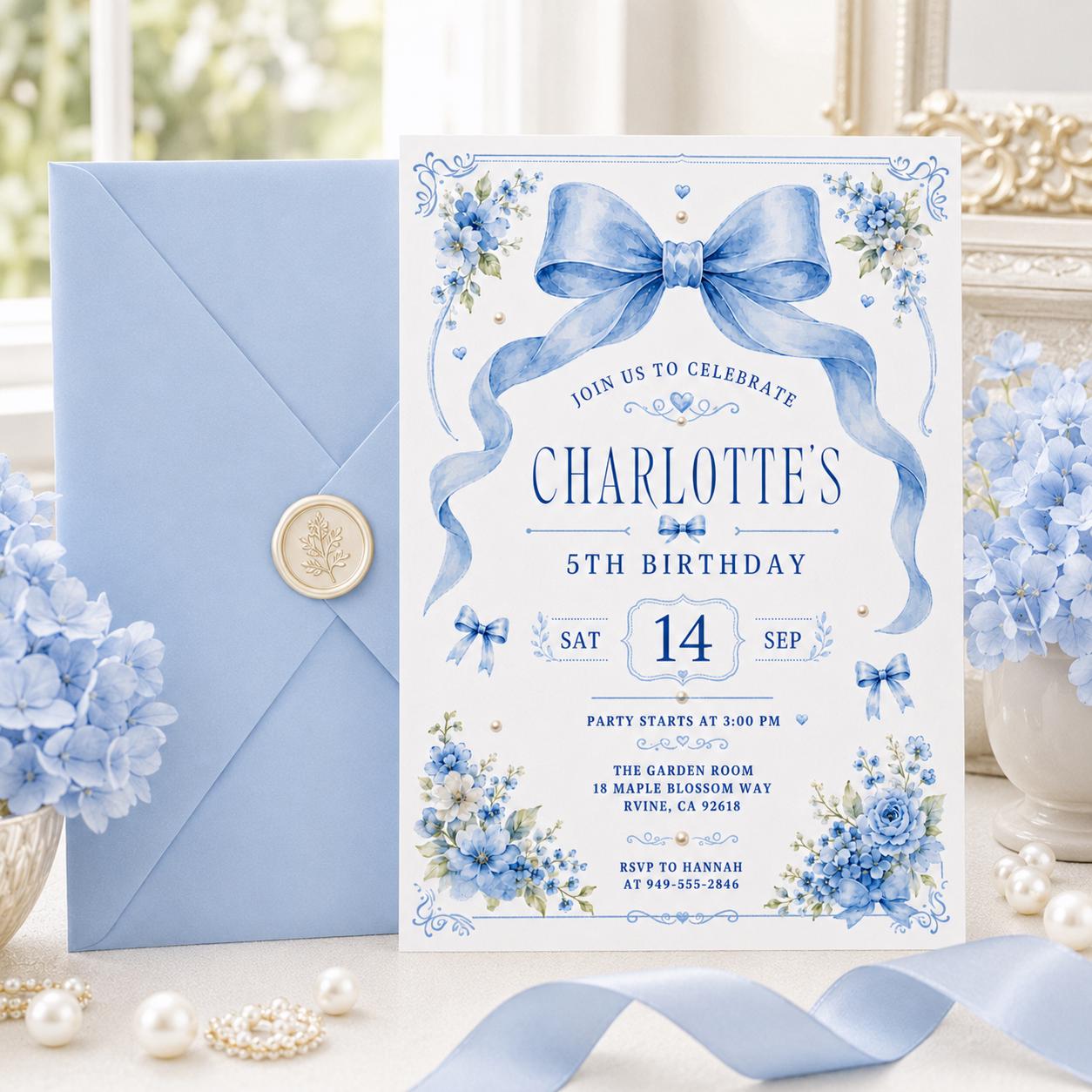 Blue Bow Birthday Invitation, Girls Coquette Party Invite, 14th Birthday Invitation Blue Bow for Girl, Editable Watercolor Coquette Invite __etsy:8082514621