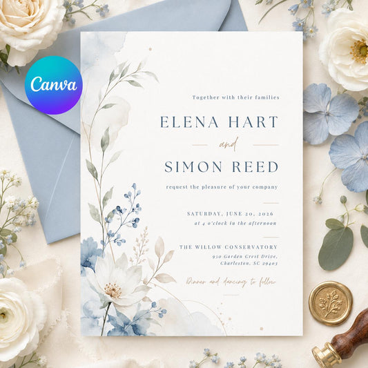 Blue Floral Wedding Invitation Template Editable Canva Wedding Invite, Printable Minimalist Botanical Invite for Elegant Garden Ceremony __etsy:8173654479